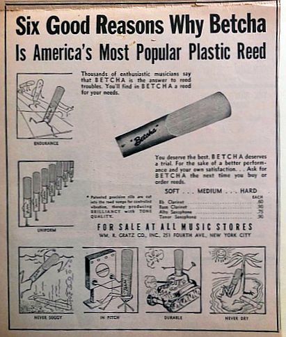 Ad in Down Beat for synthetic reeds to replace natural ones that were no longer available from France.